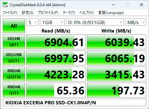 【CrystalDiskMark 8.0.4】KIOXIA EXCERIA PRO SSD-CK1.0N4P/N