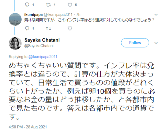 Sayaka Chatani on Twitter_ _めちゃくちゃいい質問です。インフレ率は兌換率とは違うので、計算の仕方が大体決まっていて、日常生活で買うものの値段がどれくらい上がったか、例えば卵 (1)