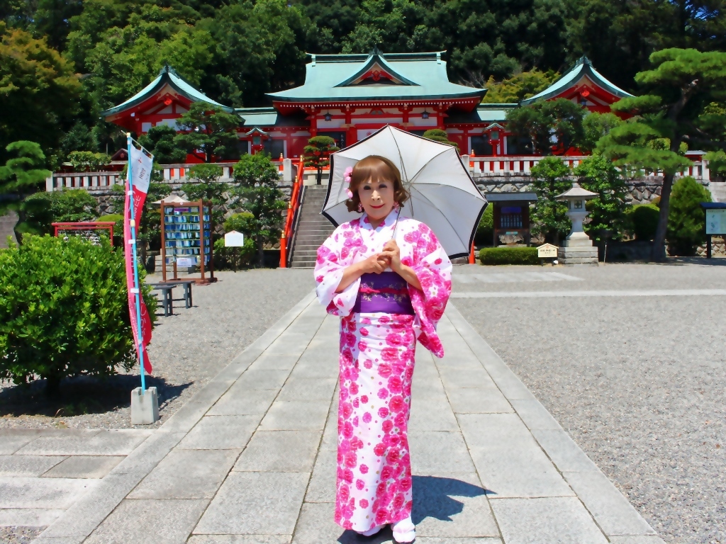 白地にピンク花柄浴衣織姫神社B(7)