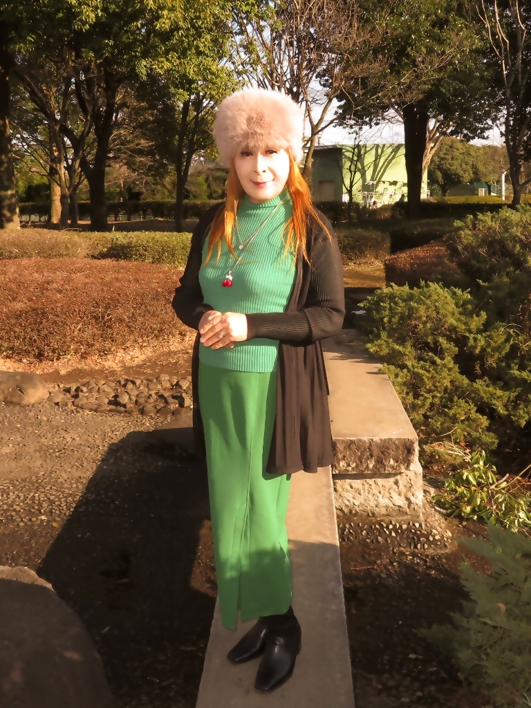 緑セーター緑スカート黒カーデ帽子(5)