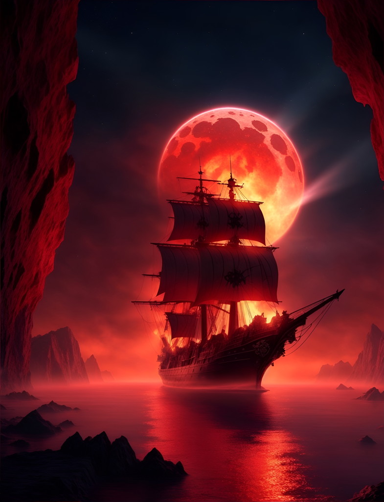 赤い月と帆船 (1)