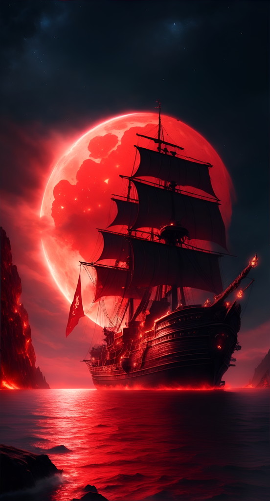 赤い月と帆船 (2)