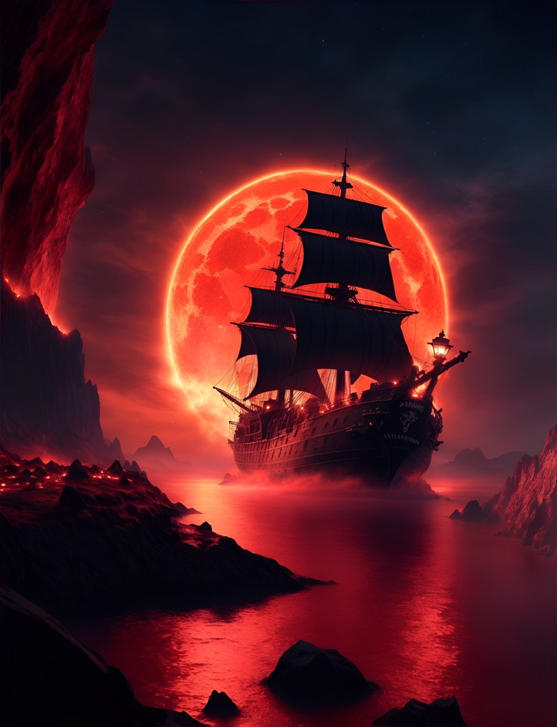 赤い月と帆船 (3)